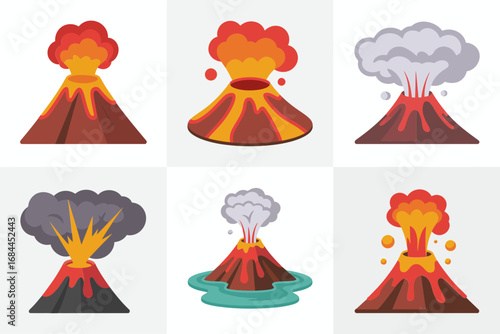 Exploding volcano vector illustrations, erupting mountains with magma, ash clouds, geological disaster scenes, lava eruption graphics, nature hazard concept