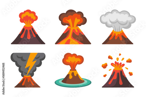 Volcano blast vector illustrations, erupting mountain scenes, explosive lava, hot magma, natural disaster graphics, geological hazard eruption design set