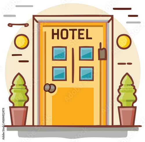 Bright yellow hotel entrance door with potted plants and sunny sky illustration