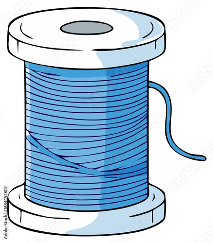 A blue thread spool with a loose strand of thread unwound and hanging off the side