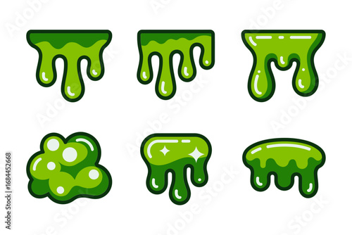 Slime drip vector illustrations, slimy liquid graphics, green goo splatters, dripping slime elements, cartoon slime blob set, messy effect icons