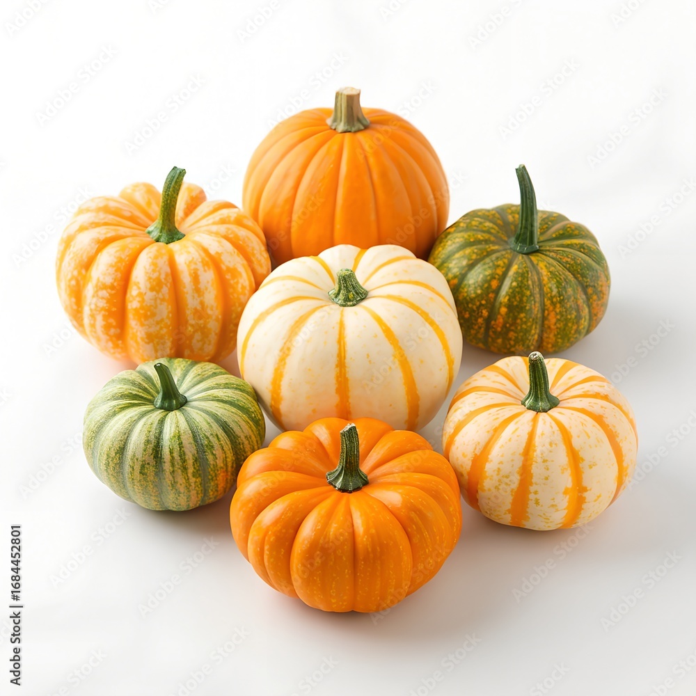 Obraz premium Decorative pumpkins in various colors arranged artfully on a light background