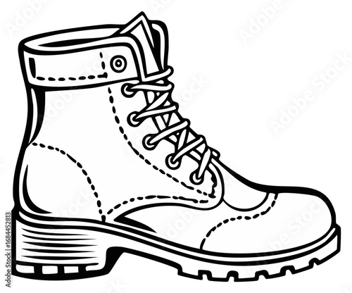 Stylized work boot in black line art showing laces, stitching, and sturdy construction for design or graphics