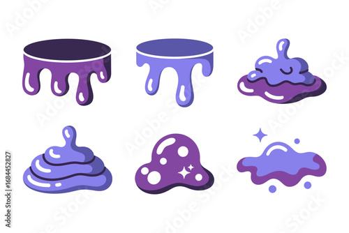 Cartoon slime vector illustrations, purple goo splatters, liquid blob set, sticky dripping elements, fun messy slime graphics icons
