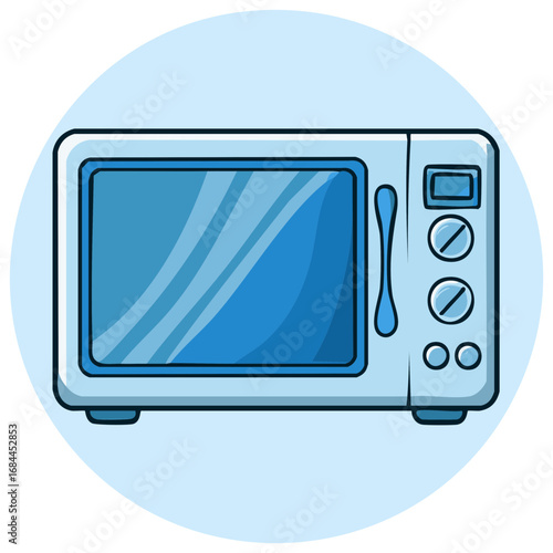 Stylish cartoon microwave oven on light blue background, kitchen appliance for heating food