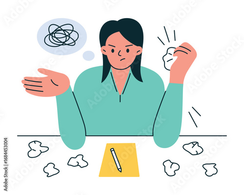 Flat cartoon vector illustration of woman at desk with creative block. Female character with crumpled paper, blank sheet, struggling with ideas, frustration in work, concept of productivity, stress