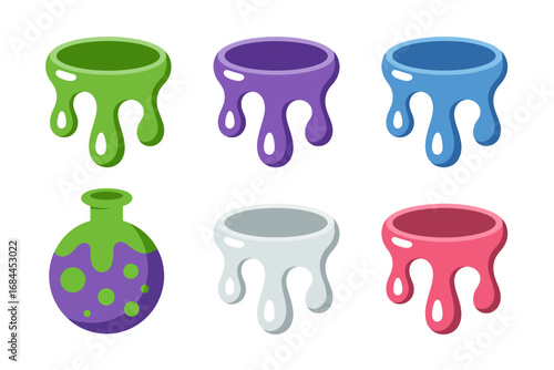 Potion bottle vector illustrations, fantasy magic flasks, colorful glass containers set, alchemy elixirs, mystical potion graphics, magical design icons