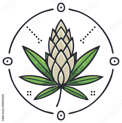 Stylized emblem of a beer hop cone on a cannabis leaf in a decorative circle frame vector illustration