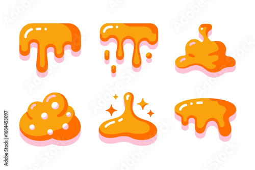 Orange slime vector illustrations, dripping goo splatters, cartoon sticky blobs set, glossy liquid slime elements, playful messy designs icons