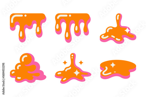 Cartoon slime vector illustrations, dripping orange pink goo splatters, glossy slime blobs set, sticky liquid elements, playful messy icons
