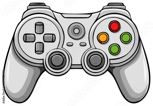 Illustration of a gray game controller with colored buttons