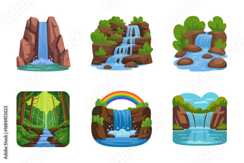 Nature river vector illustrations, mountain stream icons, flowing water set, scenic landscape graphics, outdoor cascade backgrounds, peaceful environment design