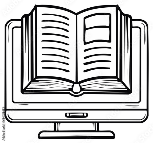 Cartoon illustration of an open book on a computer monitor for online learning.