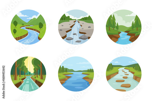 Tropical cascade vector illustrations, flowing river waterfall icons, scenic forest backgrounds set, mountain water graphics, natural outdoor landscape design