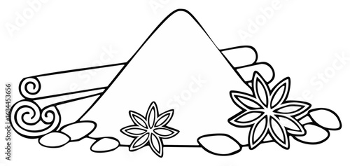 Black and white spices, anise and cinnamon, line art, vector illustration