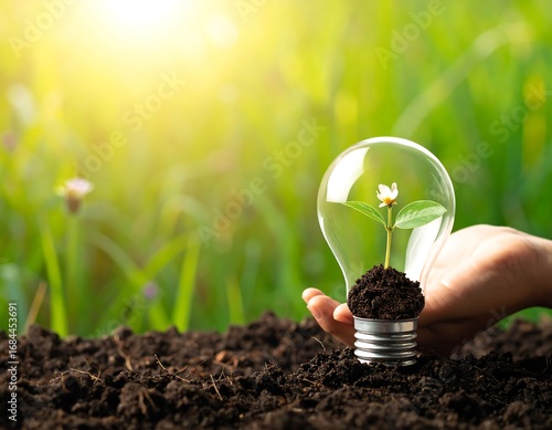 A hand holds a lightbulb with a small plant inside, in soil, with a blurred green background