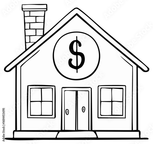 Doodle style house with dollar sign illustration represents financial institution or real estate concept