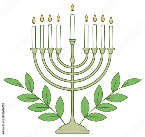 Traditional Jewish Menorah with Nine Lit Candles and Olive Branches, Hand-Drawn Illustration for Hanukkah Celebration