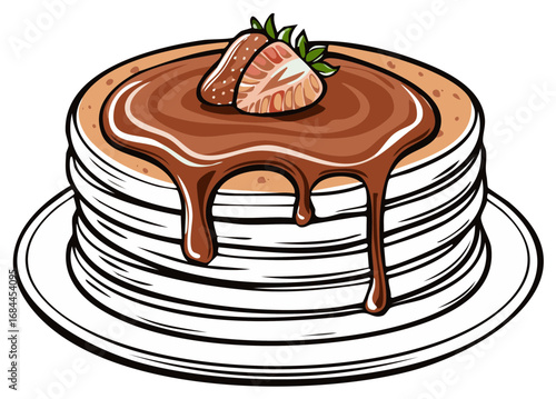 Cartoon illustration of a stack of pancakes with dripping chocolate sauce and a strawberry
