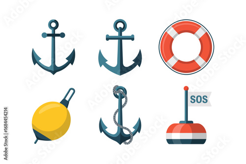 Anchor and buoy vector illustrations, lifebuoy icons, nautical safety set, marine equipment graphics, sailing tools, ocean transport maritime background