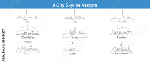 Collection of Nine City Skyline Vectors, Including Tokyo, Toronto, Vienna, and Yangon, Featuring Minimalist Design and One Line Templates
