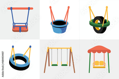 Playground swing variety illustration pack, two seat swings, toddler bucket and tire options, sheltered canopy, children park graphics