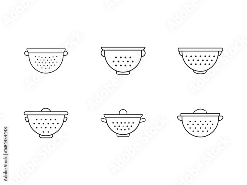 Collection of minimalist colander icons in outline style representing kitchen utensils for cooking and food preparation on a white background