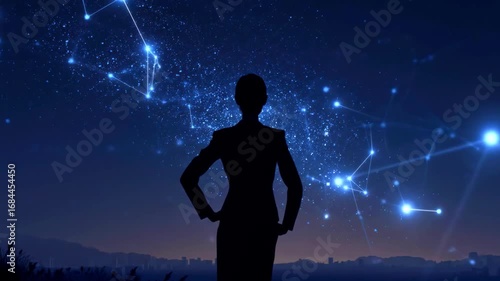 Silhouette of a businesswoman standing confidently against a starry night sky with constellations