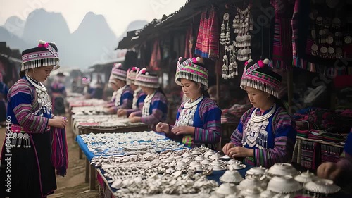 Traditional Artisan Market with Female Vendors Displaying Handicrafts in Scenic