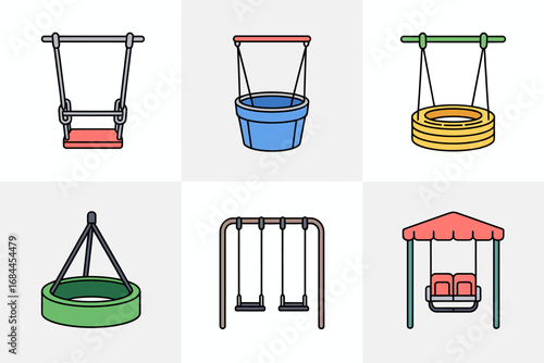 Minimal line playground swing icons, bucket, tire, flat seat swings, hanging chair, simple outline graphics, park equipment