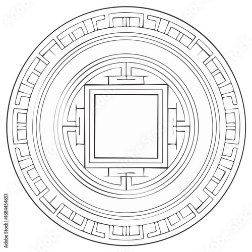 Line Art Illustration of an Ancient Chinese Good Luck Coin with Ornaments