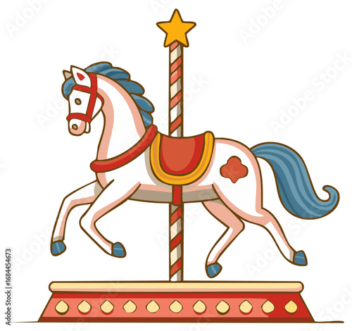 Cartoon Carousel Horse Vector Illustration Ride with Star and Ornamental Decoration