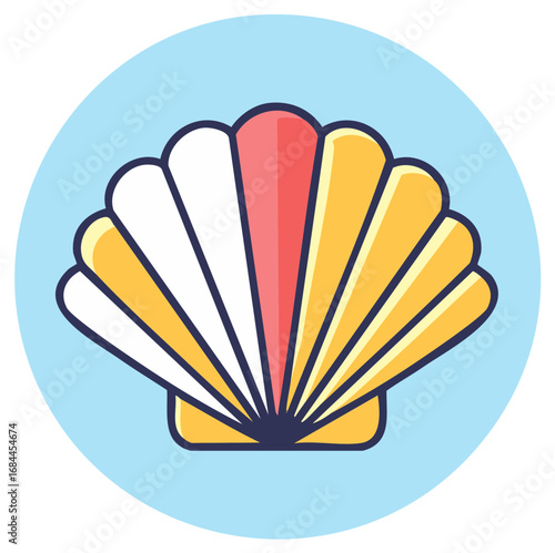 Vibrant flat design scallop shell icon vector illustration representing ocean and beach summer vacation