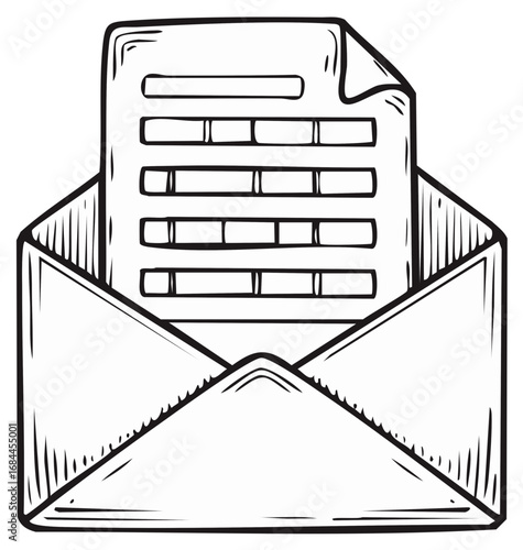 Hand drawn illustration of an open envelope with a document filled with lines and boxes