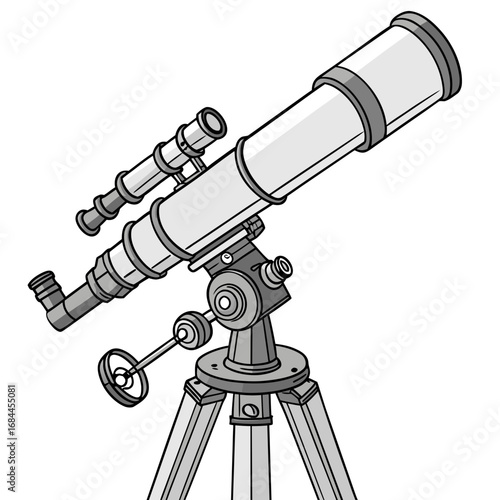 A detailed illustration of a refracting telescope mounted on a tripod stand