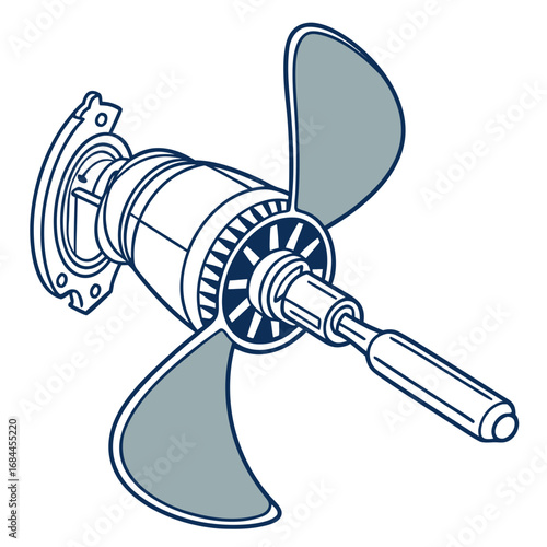 Detailed illustration of a three blade propeller assembly with mounting flange and shaft