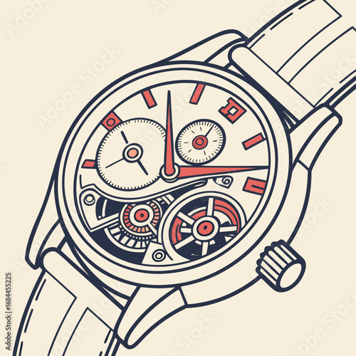 Detailed illustration of a luxury mechanical watch with intricate inner workings
