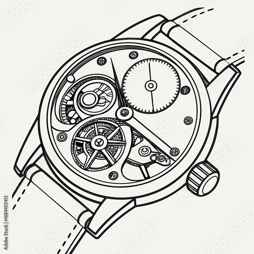 Detailed line drawing of an intricate mechanical watch movement and dial