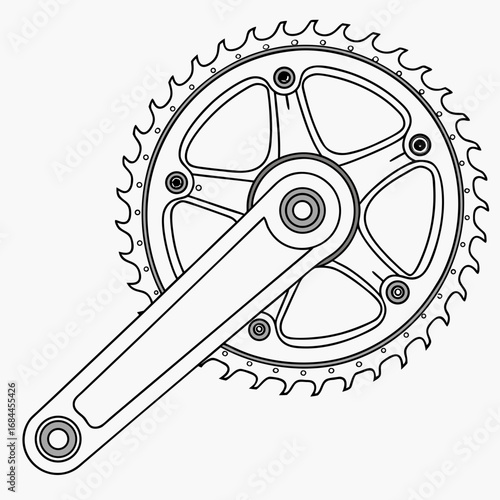 Detailed line drawing of a bicycle crankset with a single chainring