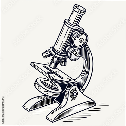 Detailed vintage microscope illustration with intricate hatching and scientific equipment