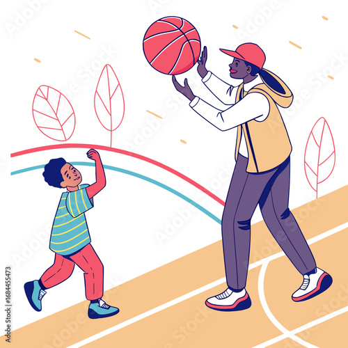 Father and son enjoying a game of basketball together outdoors on a sunny day