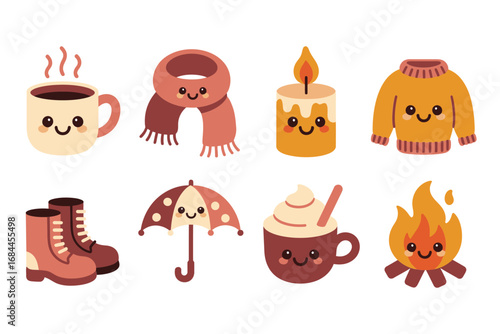 Cozy autumn hygge icons, warm mug sweater scarf candle boots umbrella campfire, comfort lifestyle, seasonal chill graphics