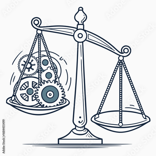 Gears on a balance scale representing the mechanics of justice and fairness