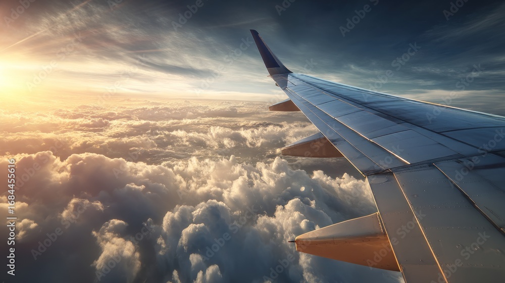 Obraz premium Airplane wing clouds sunset