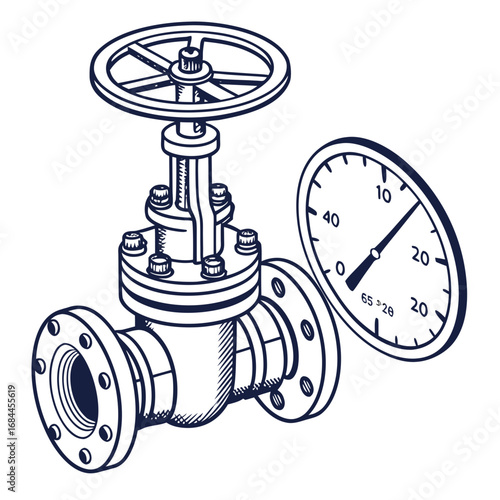 Industrial valve and pressure gauge illustration