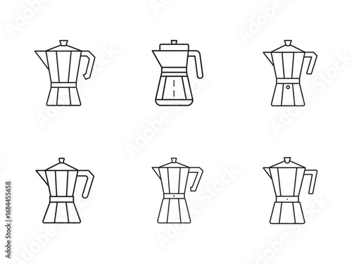 Collection of Moka Pot Icons Line Art Italian Coffee Makers Different Styles Isolated on White Background Simple Espresso Machine Symbols