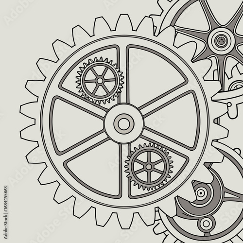 Intricate interlocking gears in a detailed mechanical illustration with a vintage aesthetic