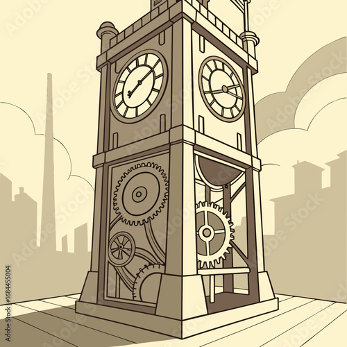Ornate steampunk clock tower with visible gears and city skyline