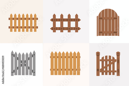 Rustic wooden gate icons, country fences, farmhouse property dividers, outdoor yard borders, rural lifestyle, garden security illustrations