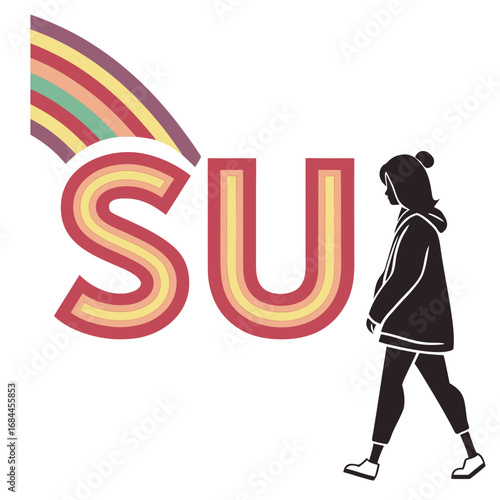 Silhouette of a person walking next to colorful layered letters spelling su
